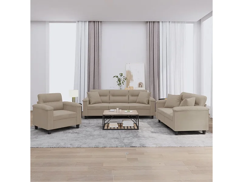Set divano 3 pezzi con cuscini in tessuto microfibra color talpa