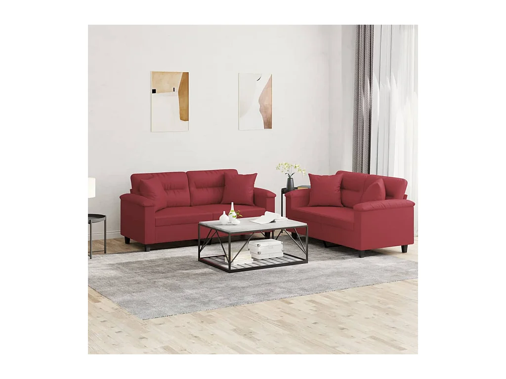 Conjunto de sofá de 2 piezas y cojines de piel sintética color burdeos y rojo