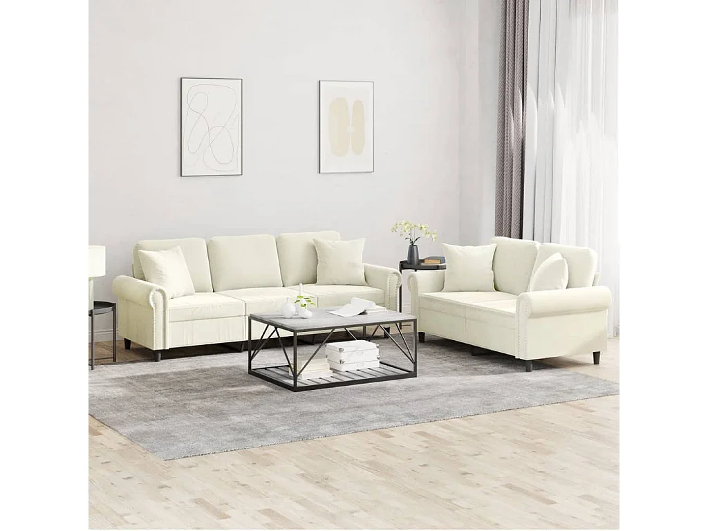 Conjunto de sofá de 2 peças com almofadas de veludo creme
