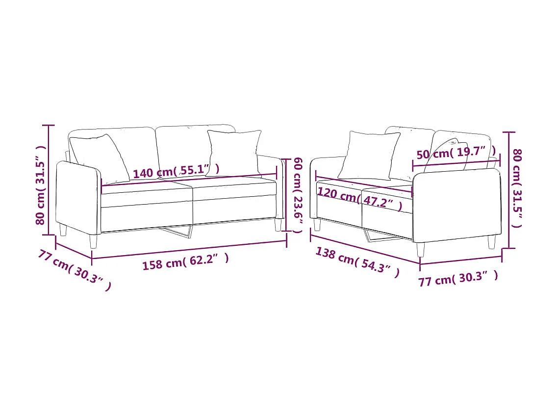 Conjunto de sofá de 2 piezas con cojines de tela negra
