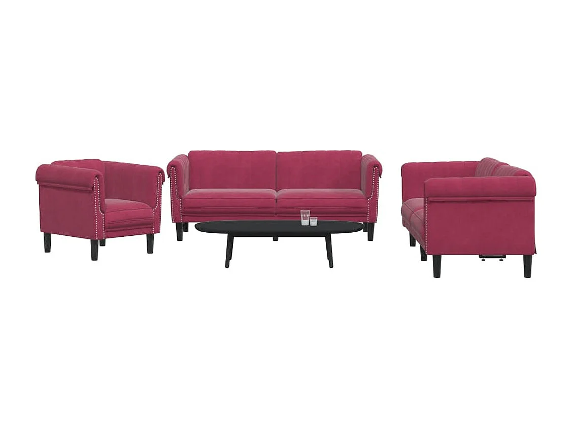 Set divano 3 pezzi in velluto rosso bordeaux