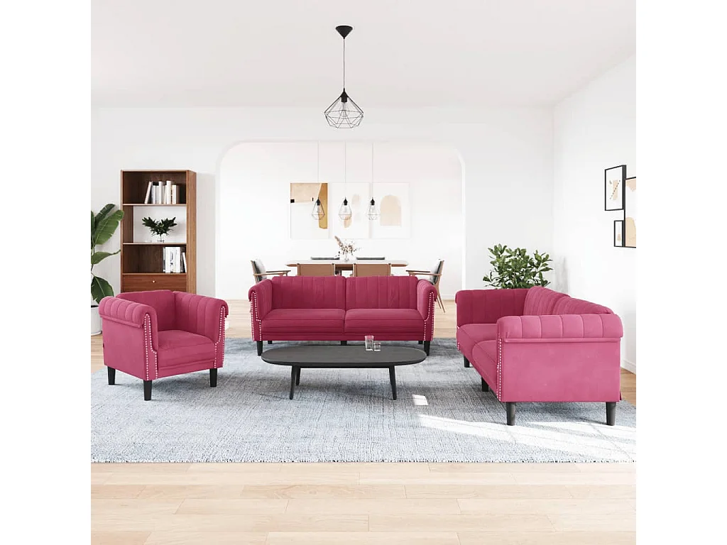 Set divano 3 pezzi in velluto rosso bordeaux