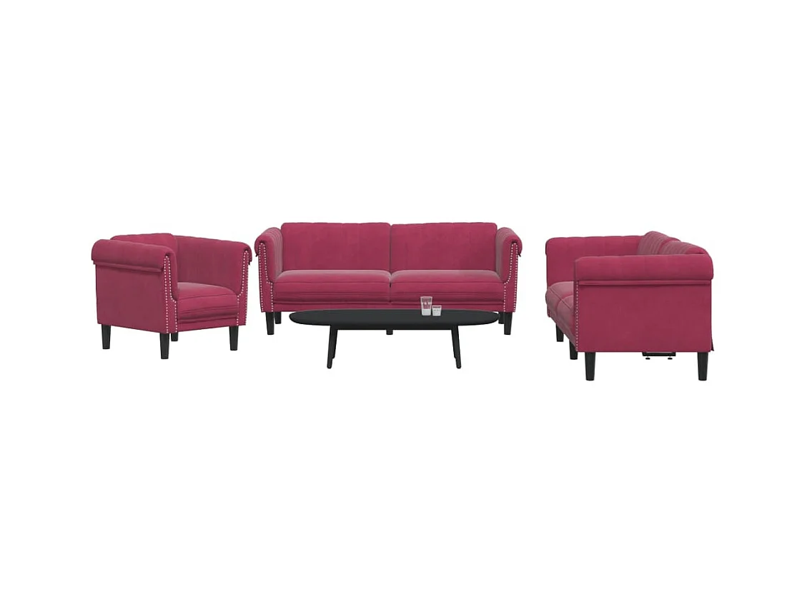 Set divano 3 pezzi in velluto rosso bordeaux