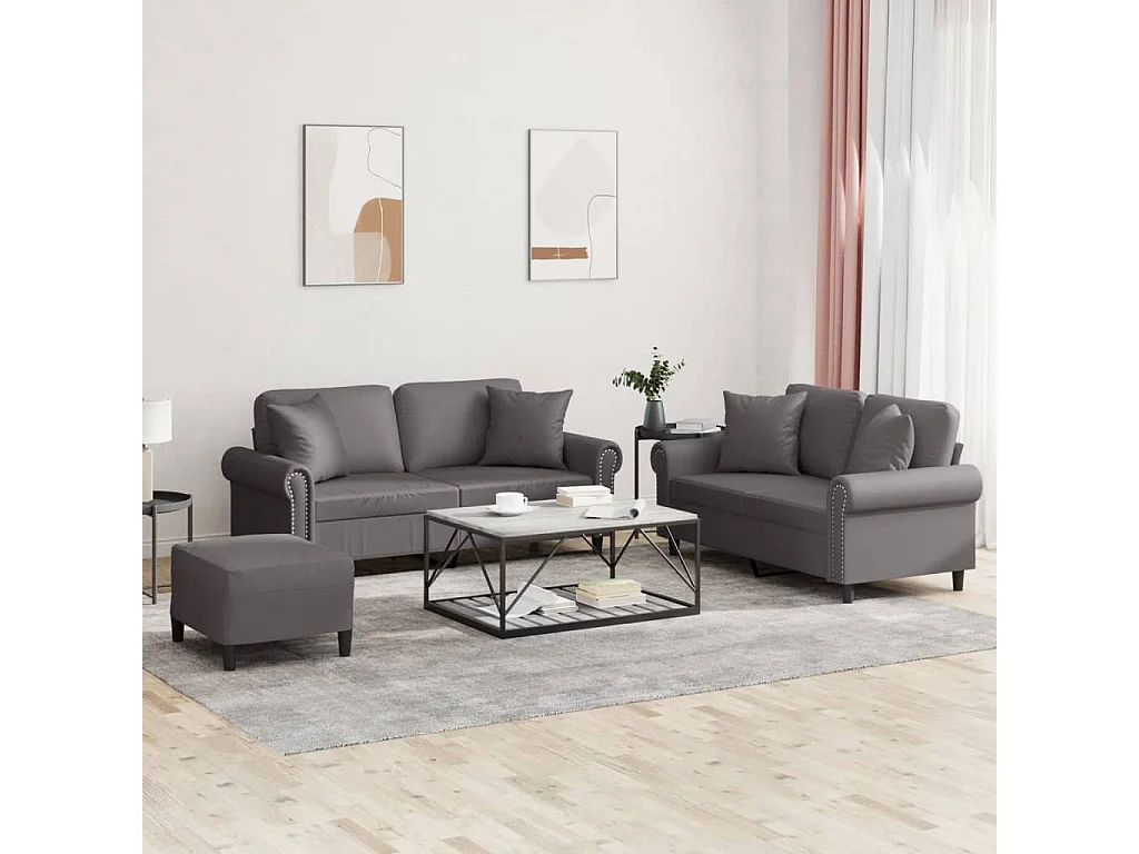 Ensemble de canapés 3 pcs avec coussins gris similicuir