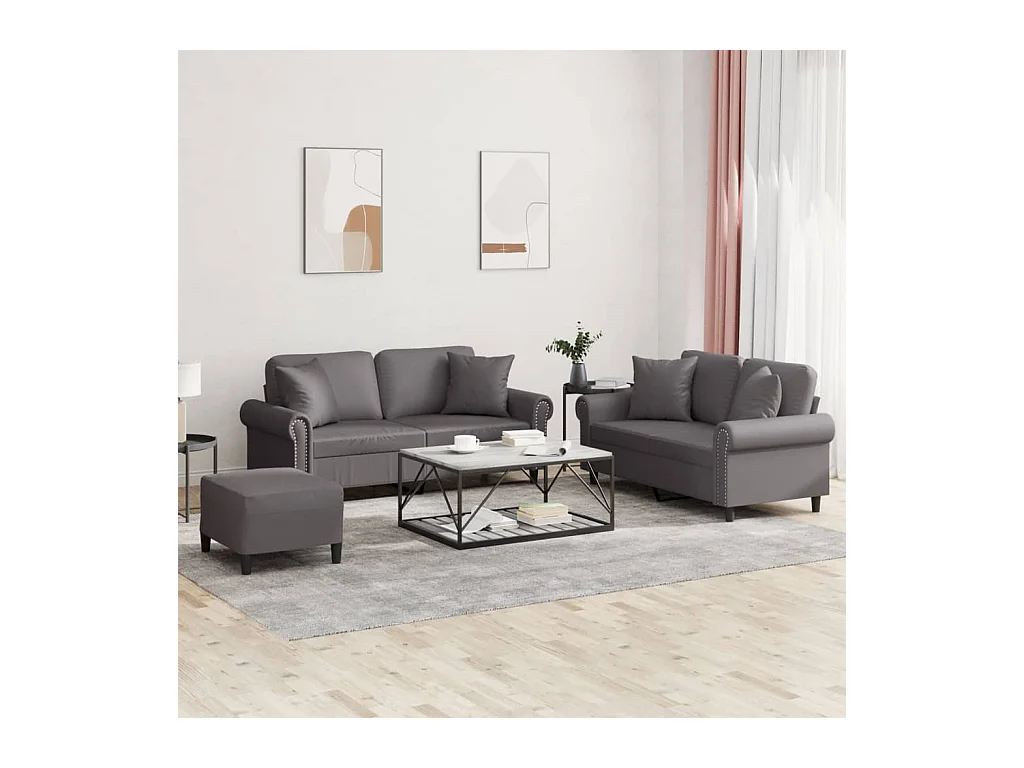 Ensemble de canapés 3 pcs avec coussins gris similicuir