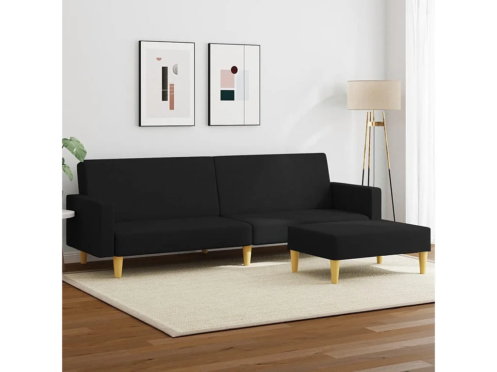 Sofá cama 2 lugares com apoio para os pés tecido preto