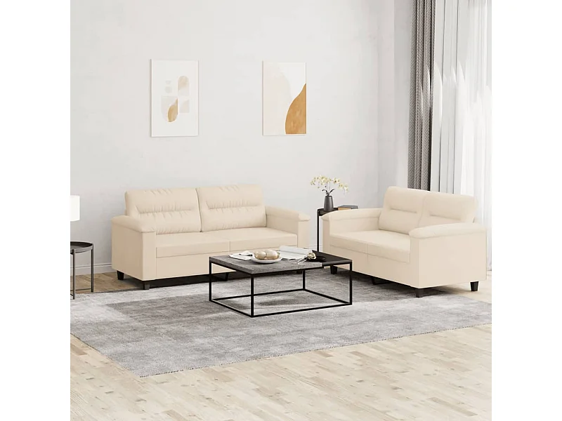 Set divano 2 pezzi con cuscini beige in tessuto microfibra