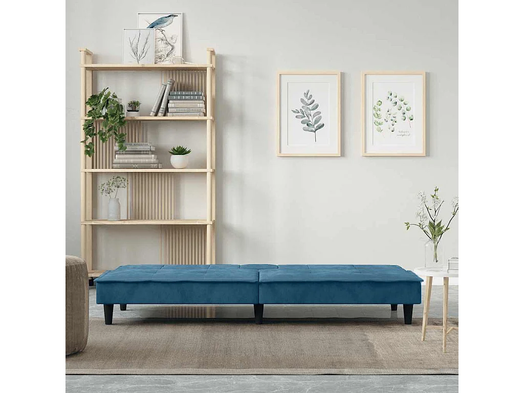 Divano letto in velluto blu con portabicchieri