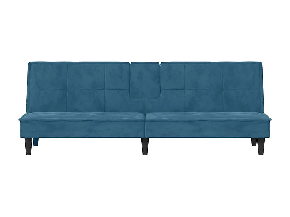 Divano letto in velluto blu con portabicchieri