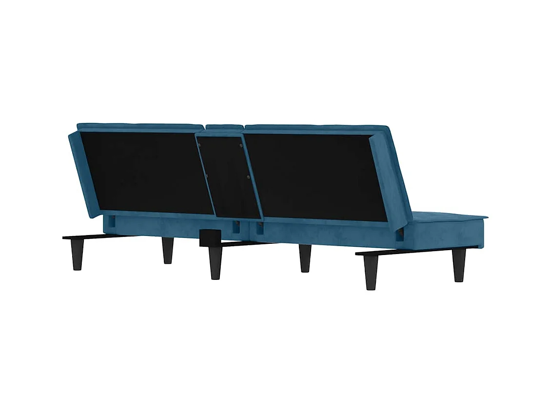 Divano letto in velluto blu con portabicchieri