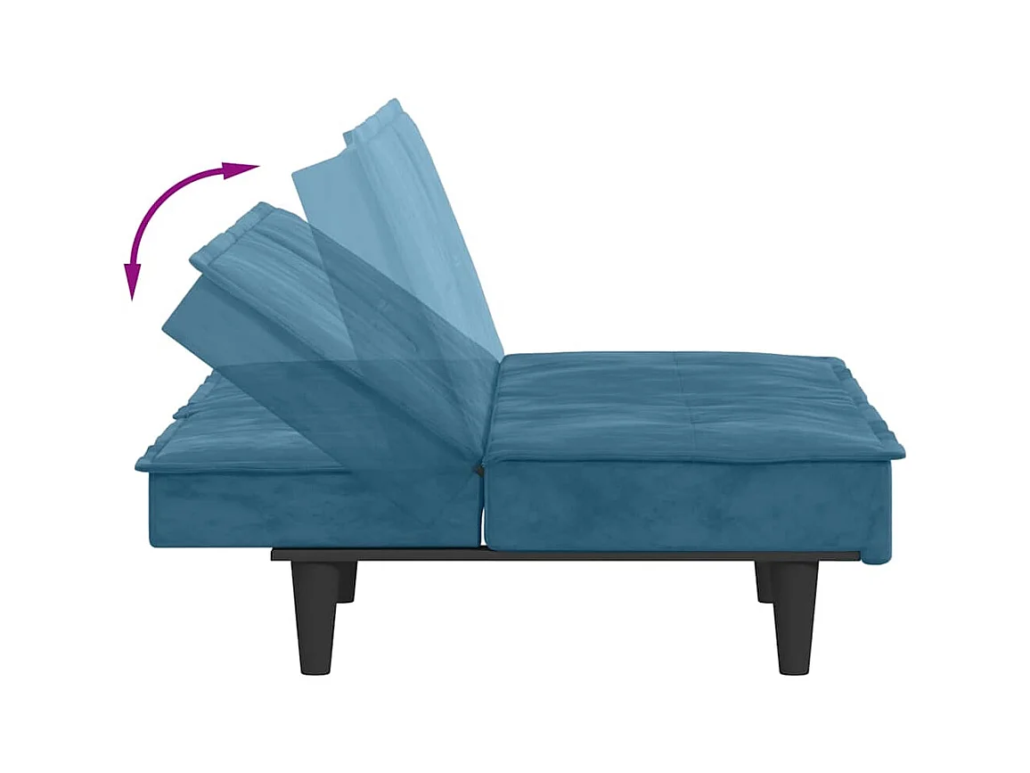 Divano letto in velluto blu con portabicchieri