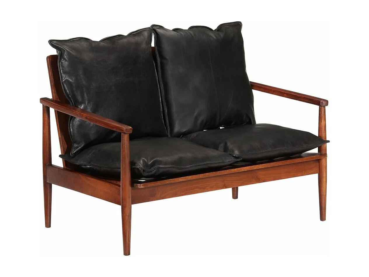 Canapé 2 places noir cuir véritable et bois d'acacia solide