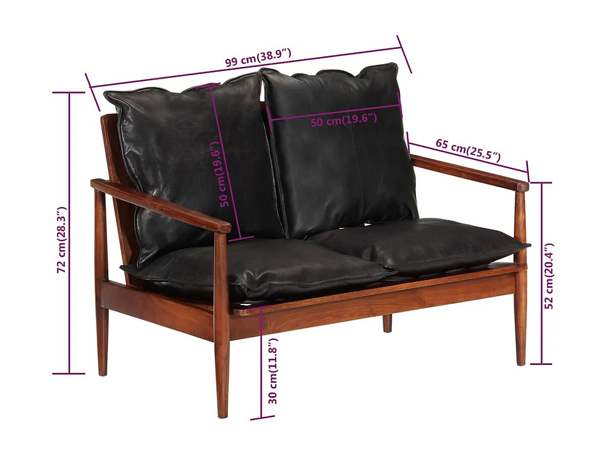 Canapé 2 places noir cuir véritable et bois d'acacia solide