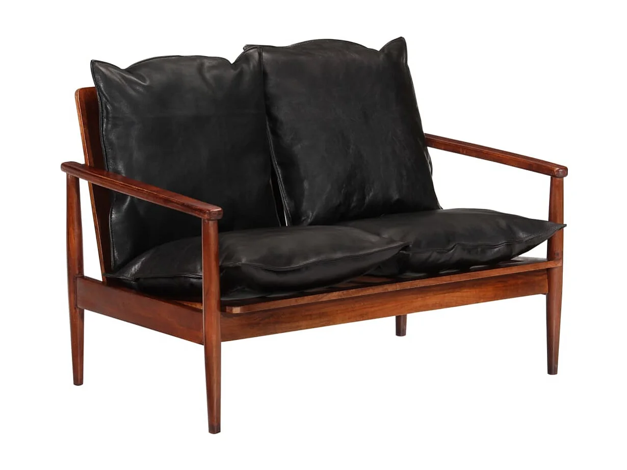 Canapé 2 places noir cuir véritable et bois d'acacia solide