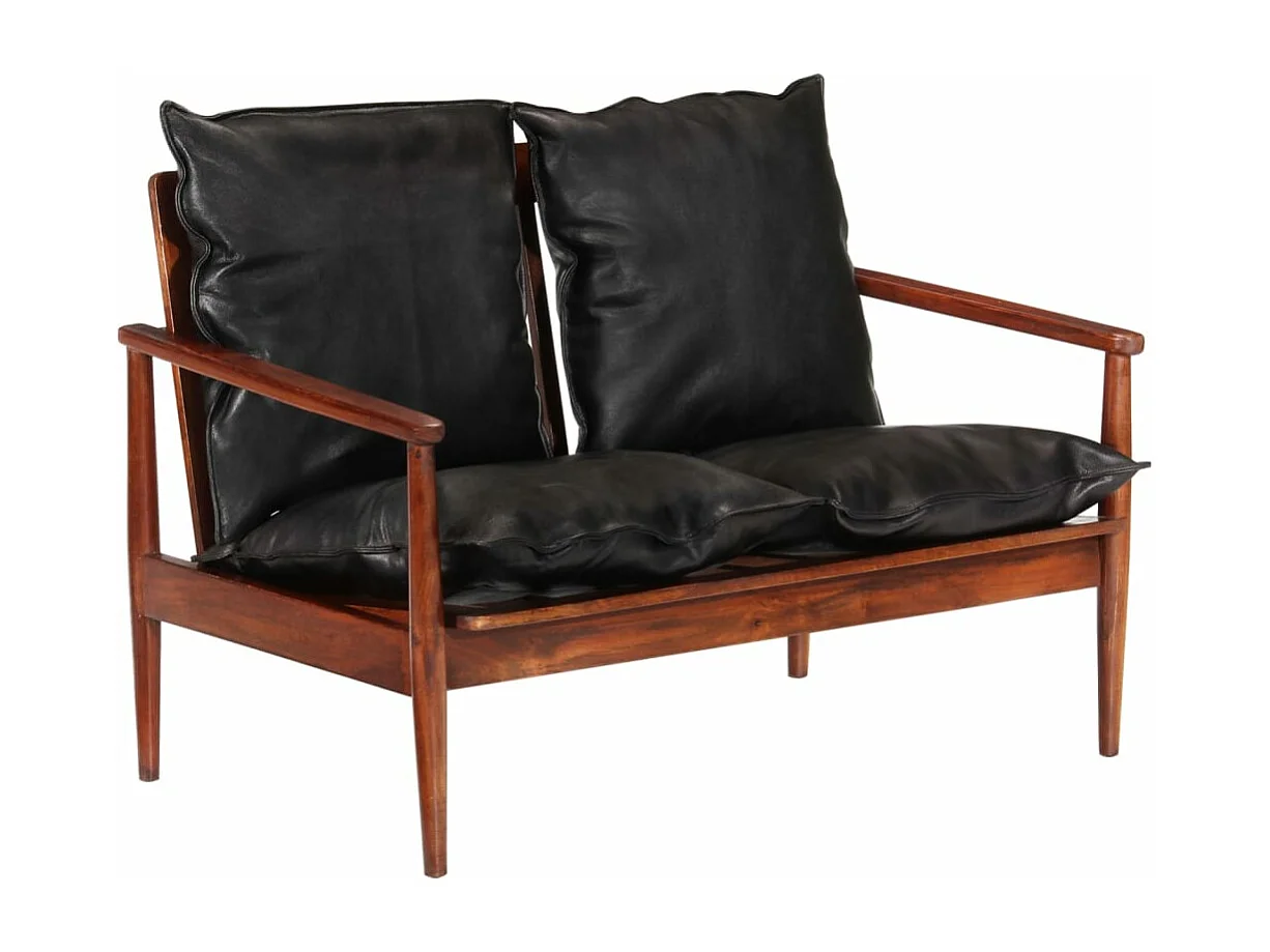Canapé 2 places noir cuir véritable et bois d'acacia solide