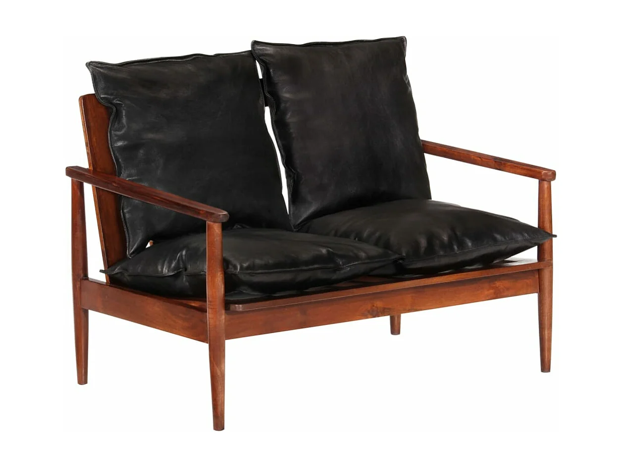 Canapé 2 places noir cuir véritable et bois d'acacia solide