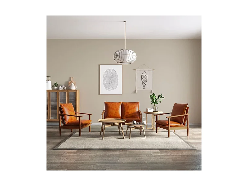 3-tlg. Sofagarnitur Echtleder Massivholz Akazie