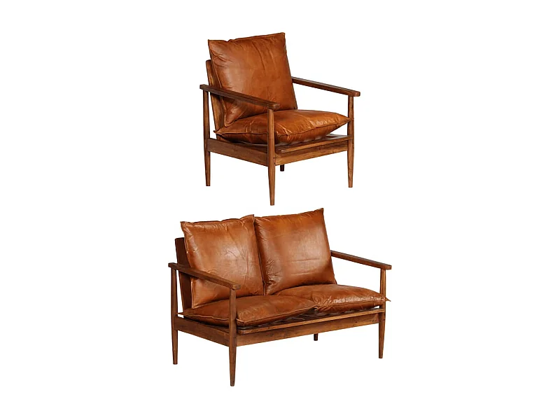 Ensemble de canapés 2 pcs Marron Cuir véritable et acacia