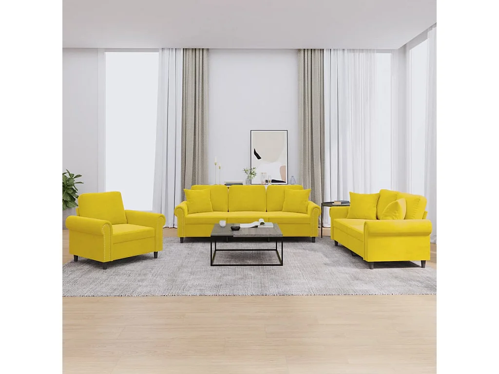 Ensemble de canapés 3 pcs avec coussins jaune velours