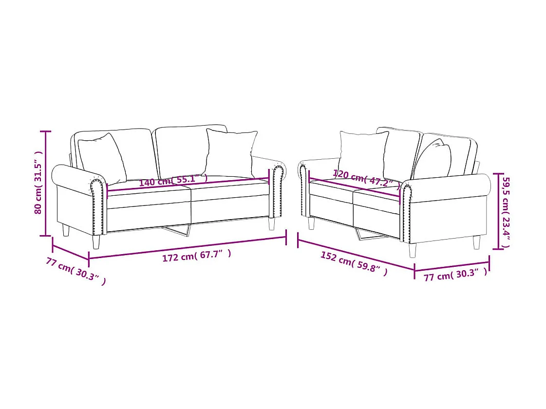 2-teiliges Sofa-Set mit cremefarbenen Kissen aus Kunstleder
