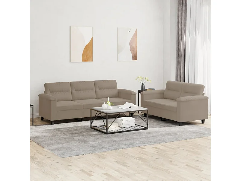 Set divano 2 pezzi con cuscini color tortora in tessuto microfibra