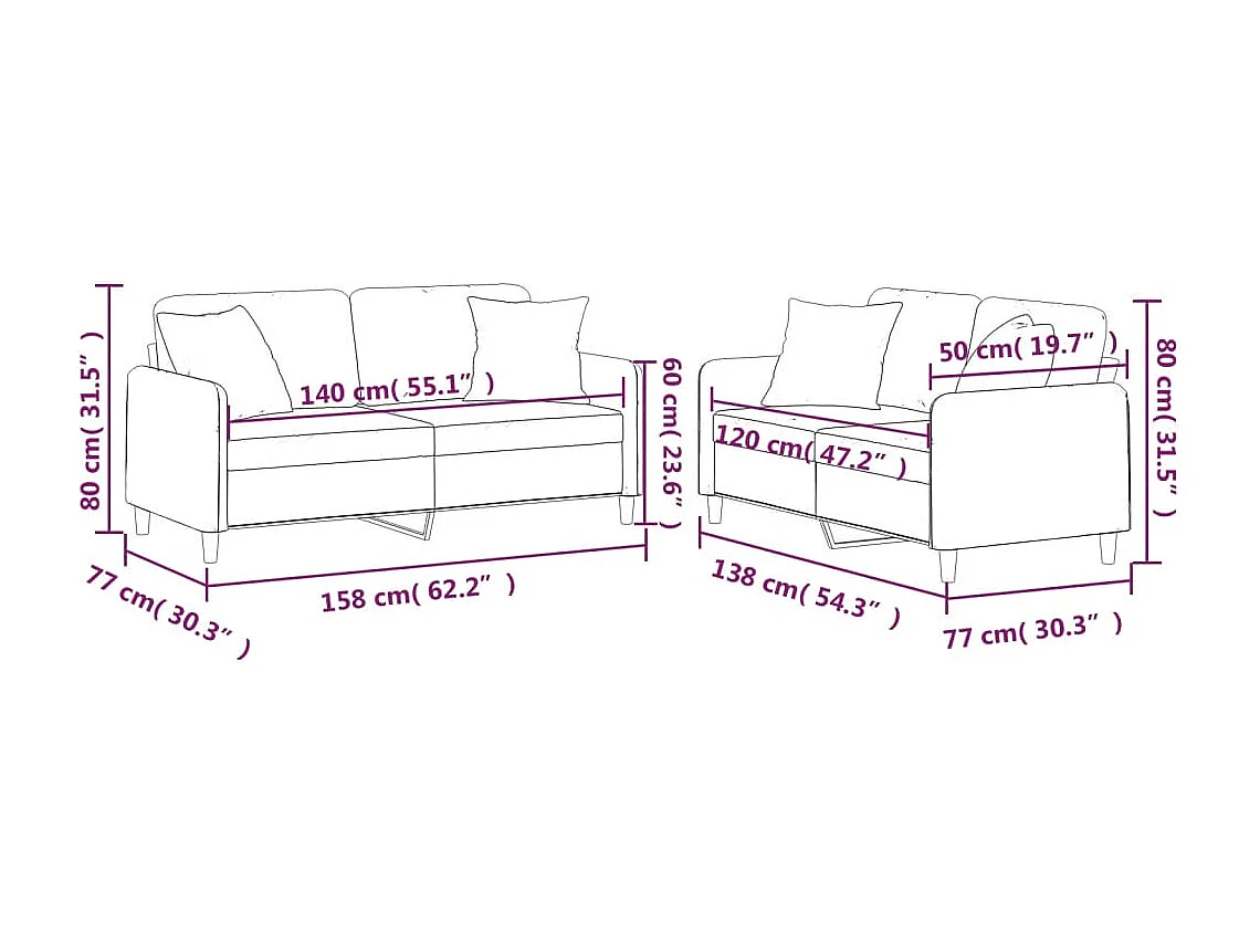 Ensemble de canapés 2 pcs coussins gris clair tissu