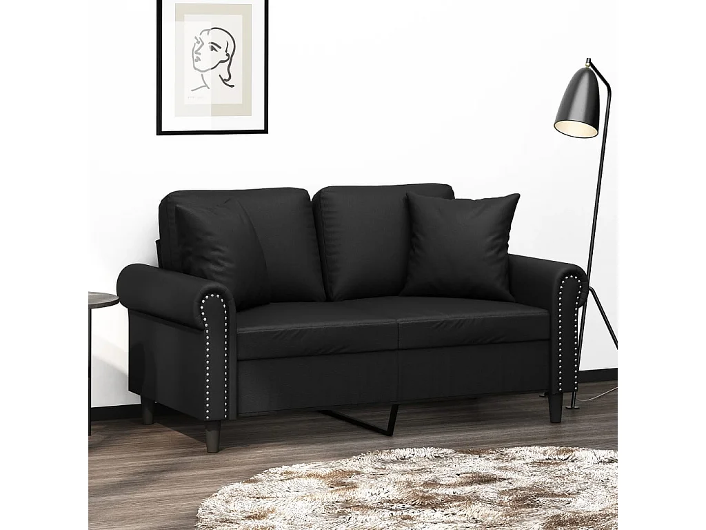 Sofá 2 lugares com almofadas decorativas preto 120cm couro sintético