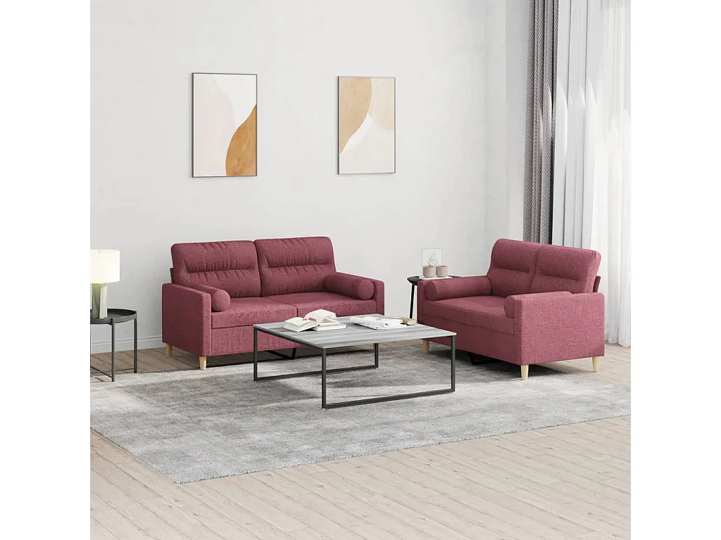 Set divano 2 pezzi con cuscini in tessuto rosso bordeaux