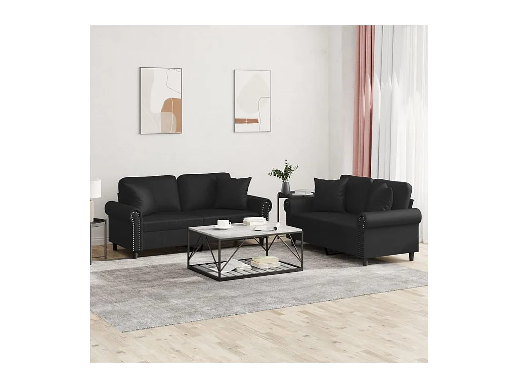 Ensemble de canapés 2 pcs avec coussins noir similicuir