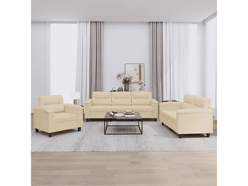 3-teiliges Sofa-Set mit cremefarbenen Kissen aus Mikrofaserstoff