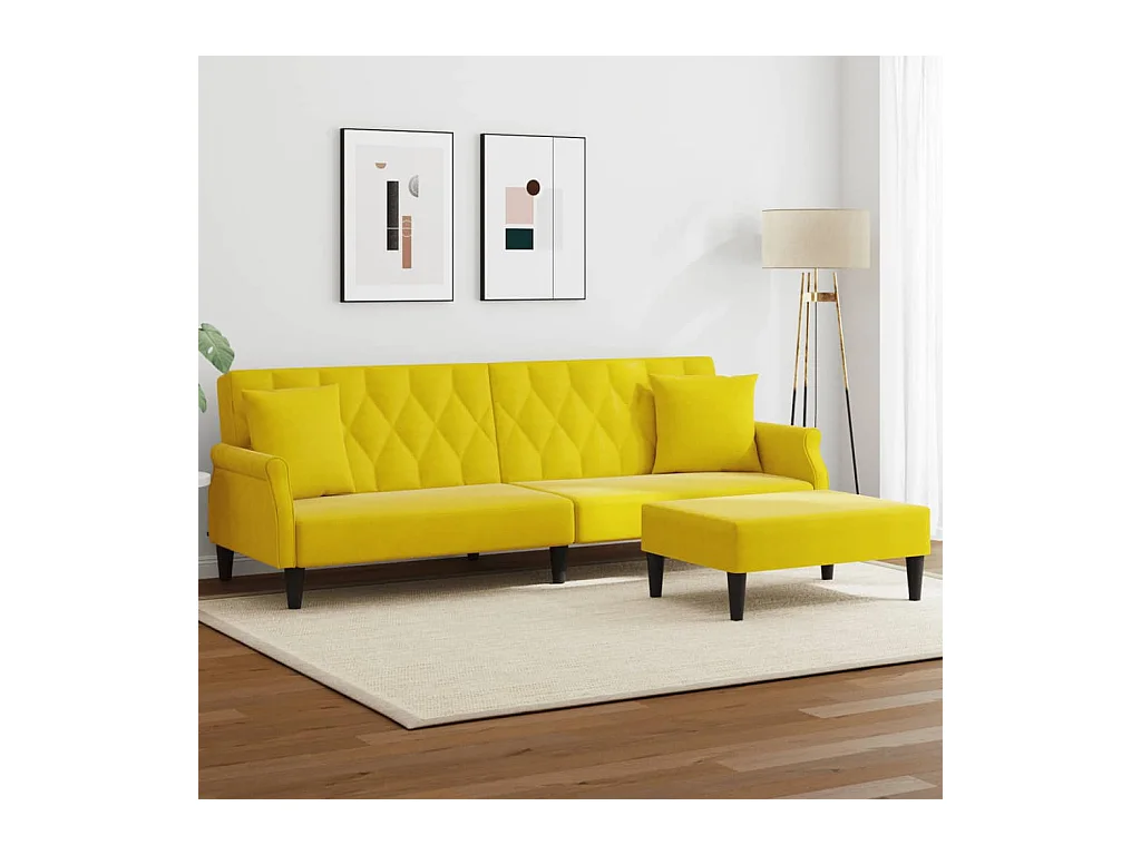 Canapé-lit à 2 places et oreillers et repose-pied jaune velours