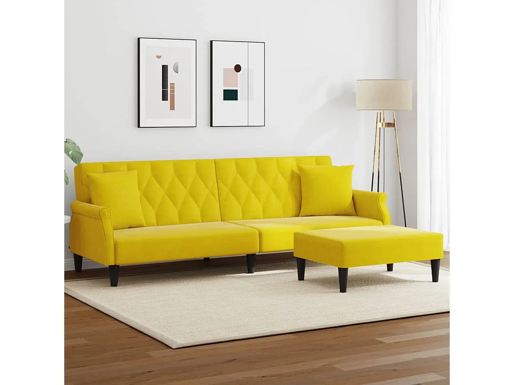 2-Sitzer-Schlafsofa mit gelben Samtkissen und Fußhocker