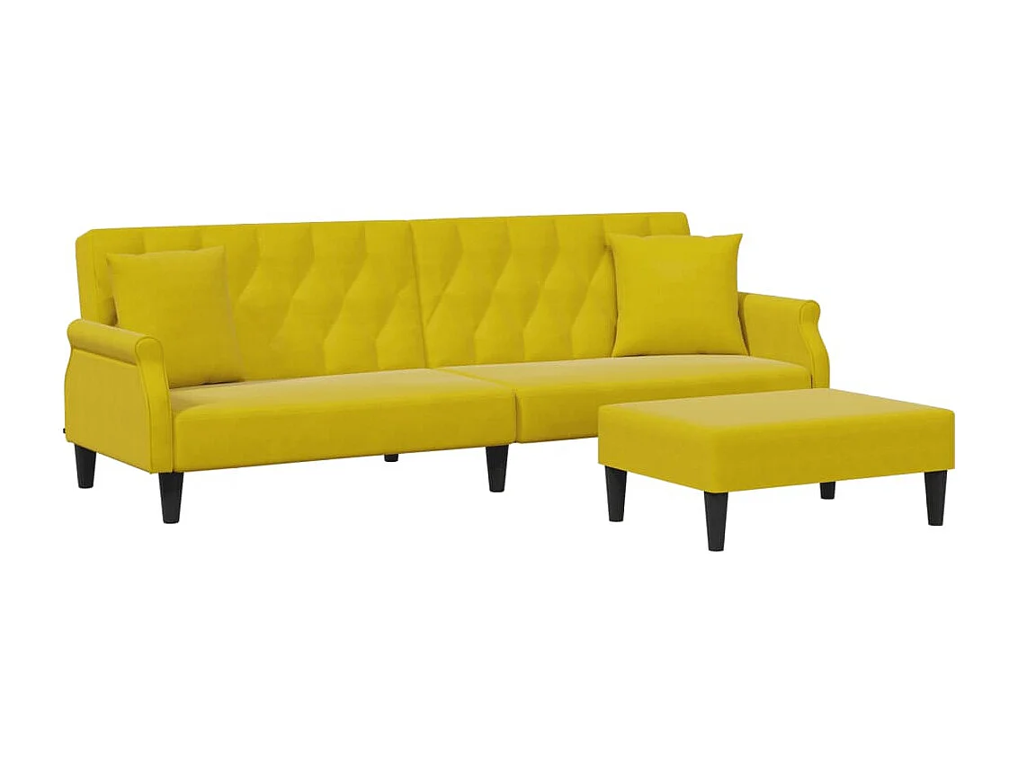 2-Sitzer-Schlafsofa mit gelben Samtkissen und Fußhocker