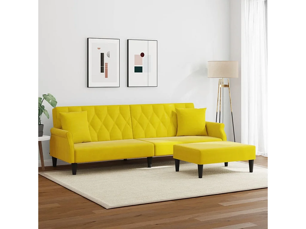 2-Sitzer-Schlafsofa mit gelben Samtkissen und Fußhocker