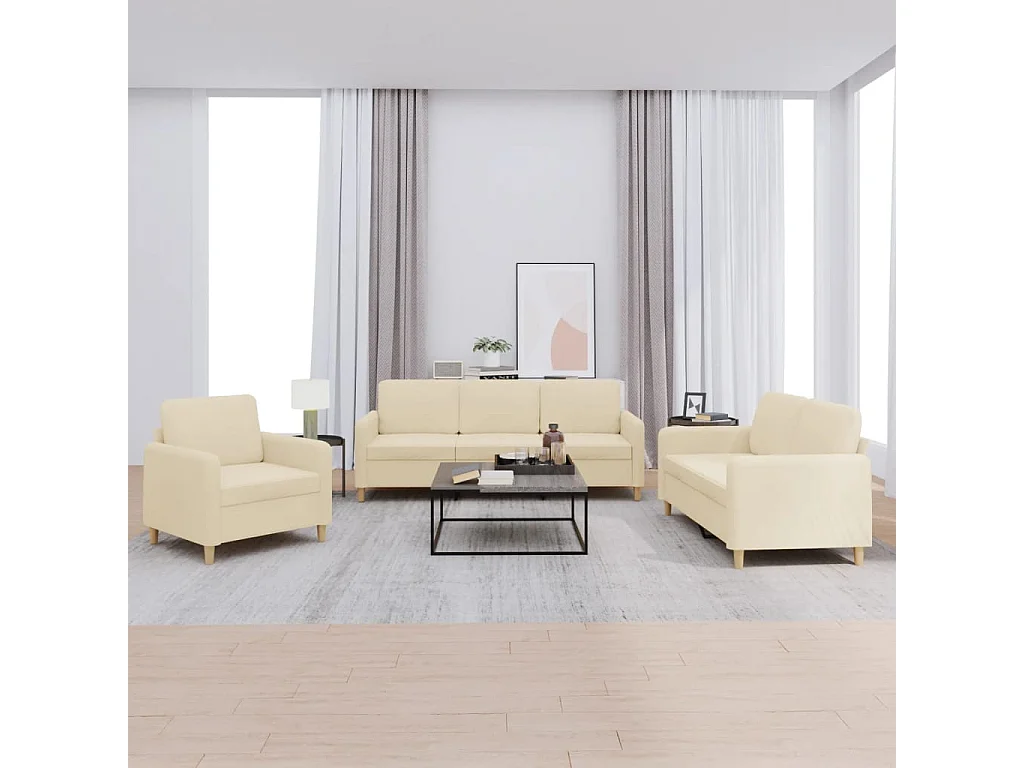 3-teiliges Sofa-Set mit Kissen, cremefarbener Stoff