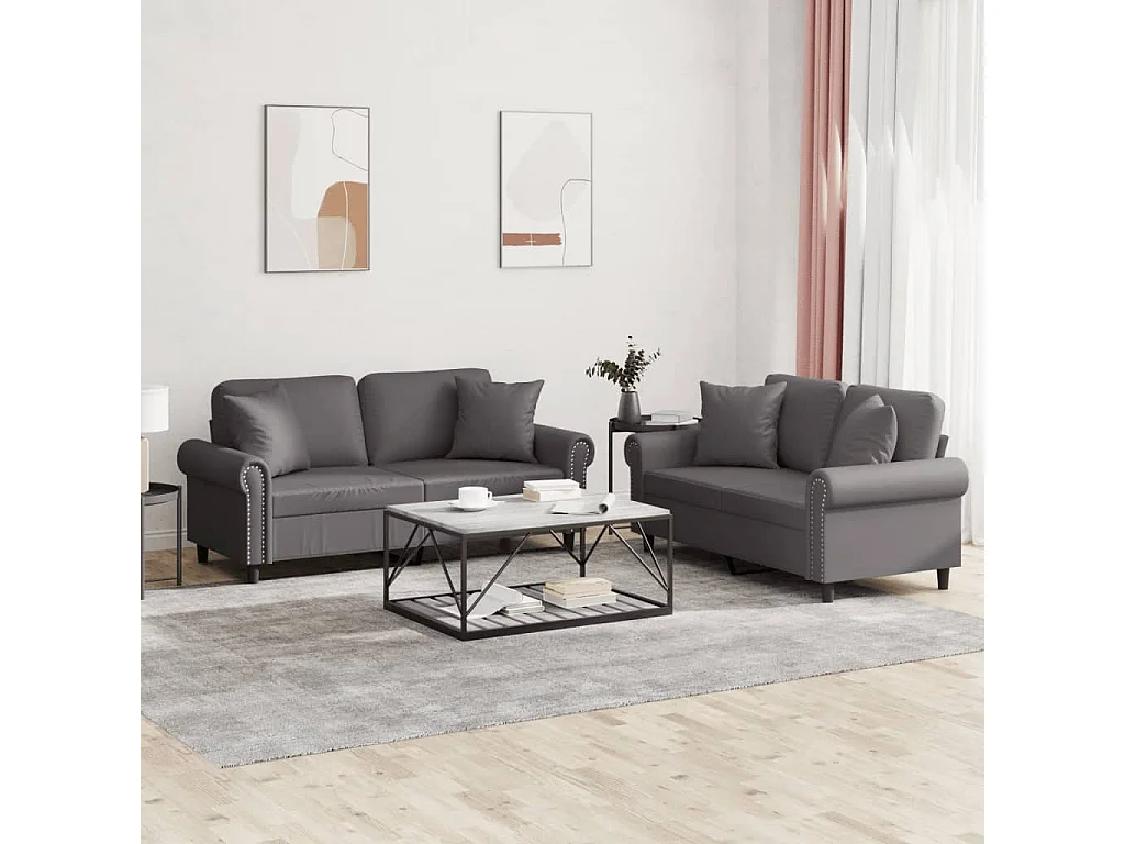 Ensemble de canapés 2 pcs avec coussins gris similicuir