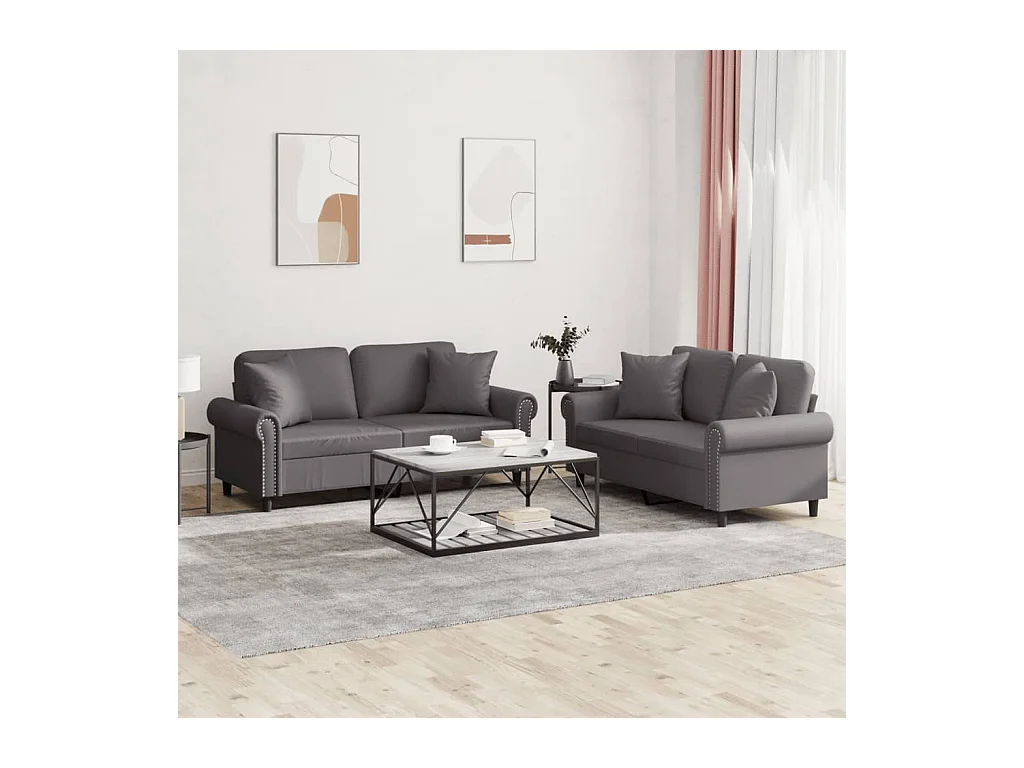 Set di 2 divani con cuscini in similpelle grigia