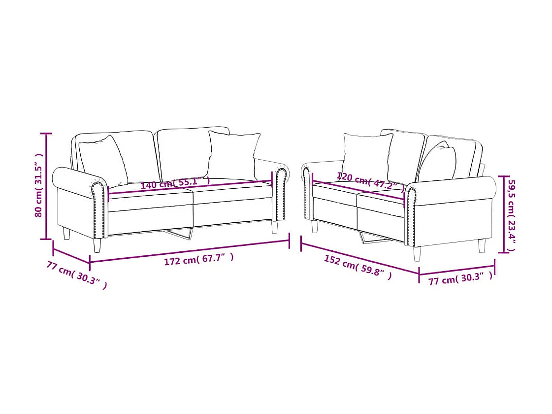 Ensemble de canapés 2 pcs avec coussins gris similicuir