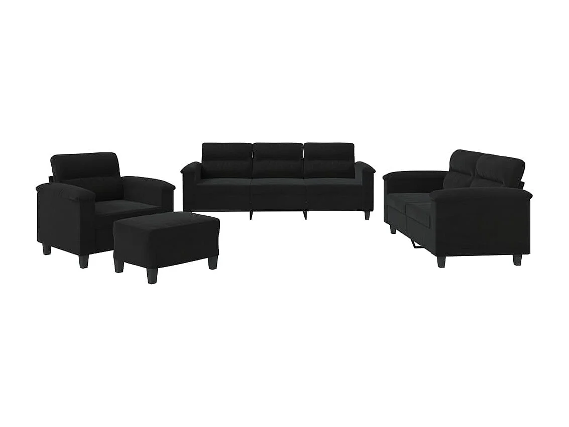 Conjunto de sofá de 4 peças com almofadas pretas em tecido de microfibra
