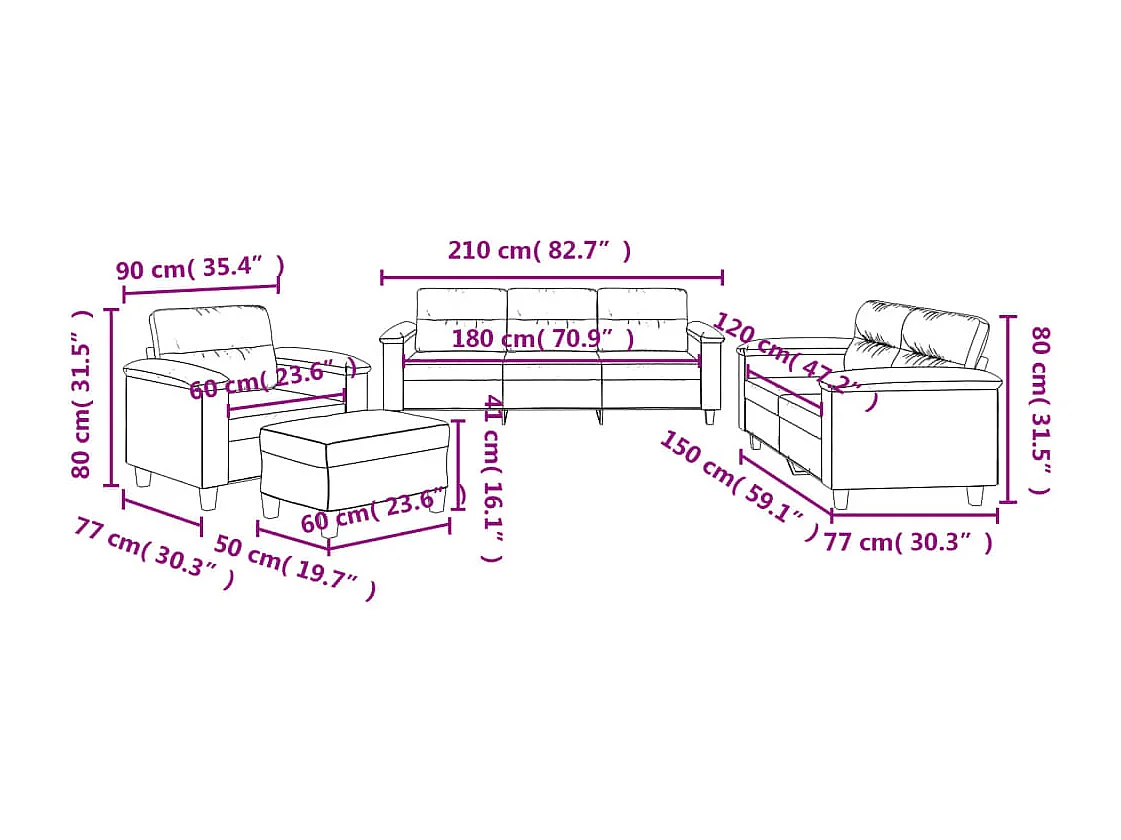 Conjunto de sofá de 4 peças com almofadas pretas em tecido de microfibra
