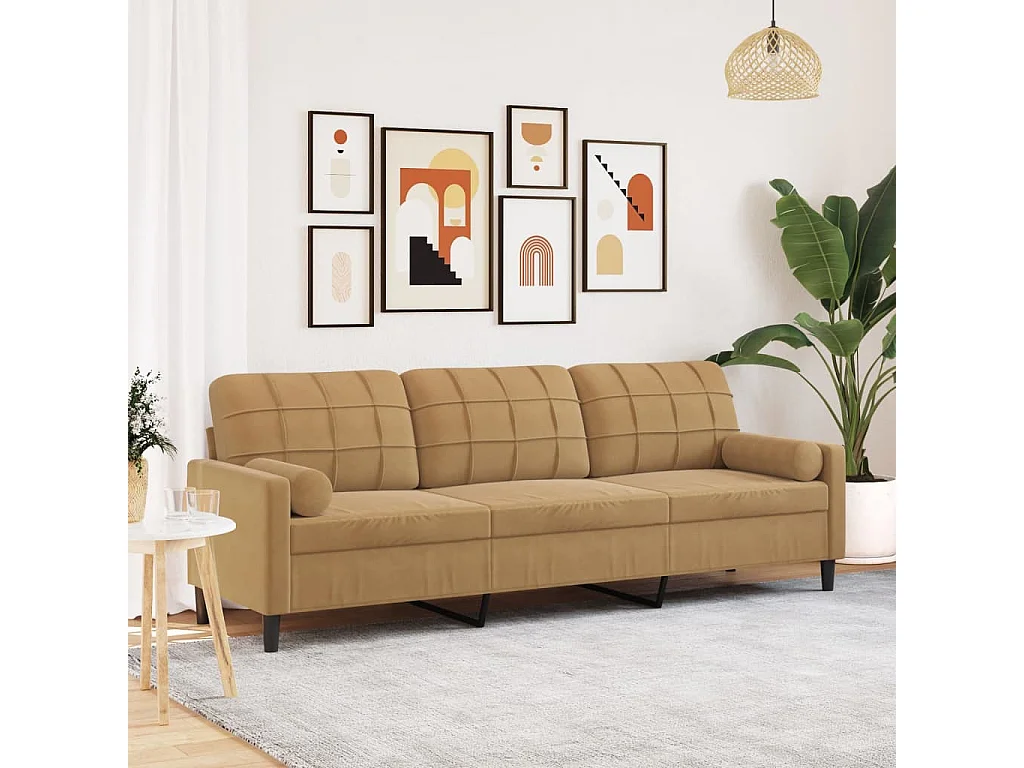 Sofá 3 plazas con cojines decorativos terciopelo marrón 210 cm