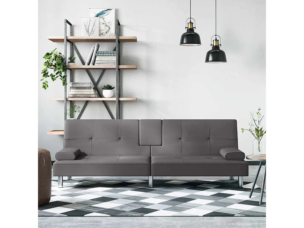 Canapé-lit avec porte-gobelets gris similicuir