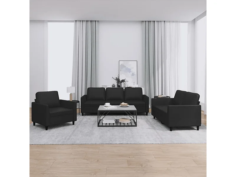 Conjunto de sofá de 3 peças com almofadas de couro sintético preto