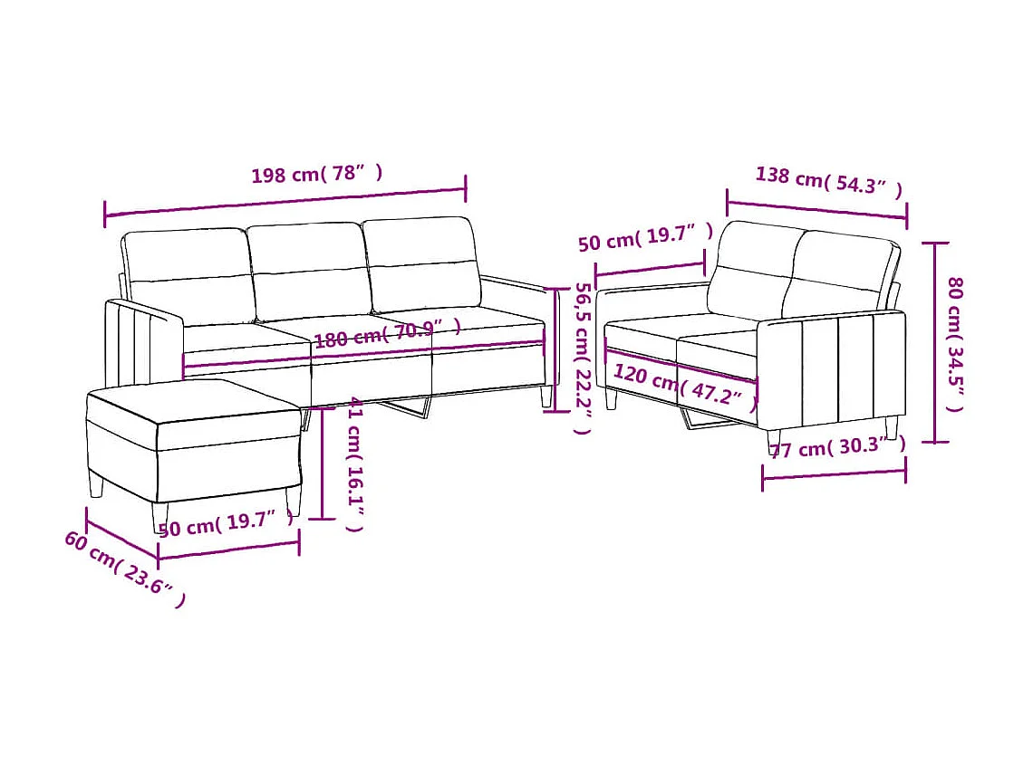3-teiliges Sofa-Set mit Kissen, burgunderroter Stoff