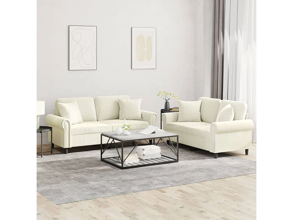 Conjunto de sofá de 2 peças com almofadas de veludo creme