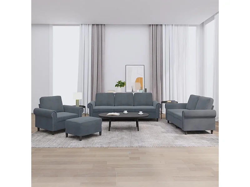 Conjunto de sofá de 4 peças com almofadas de veludo cinza escuro