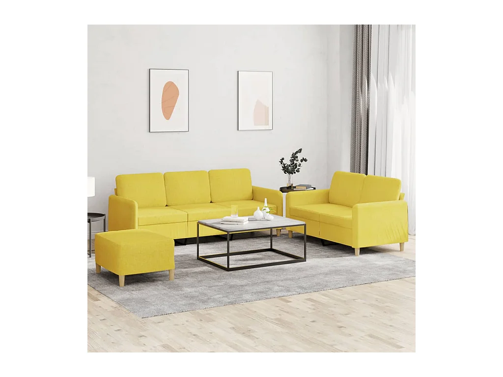 Set divano 3 pezzi con cuscini in tessuto giallo chiaro