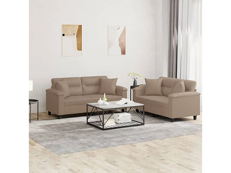 Conjunto de sofá de 2 peças com almofadas cappuccino em couro sintético
