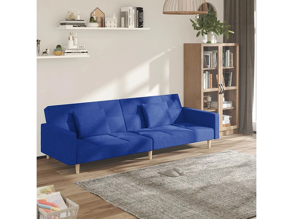 Sofá cama de 2 plazas con dos almohadas de tela azul