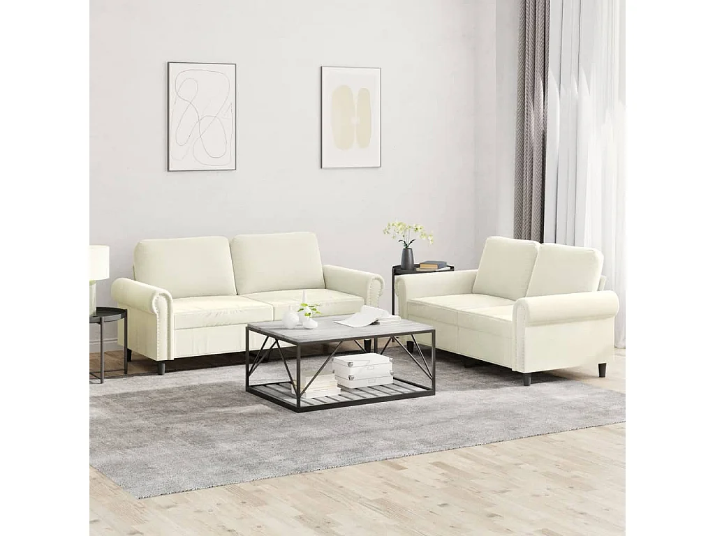 Set divano 2 pezzi con cuscini in velluto crema